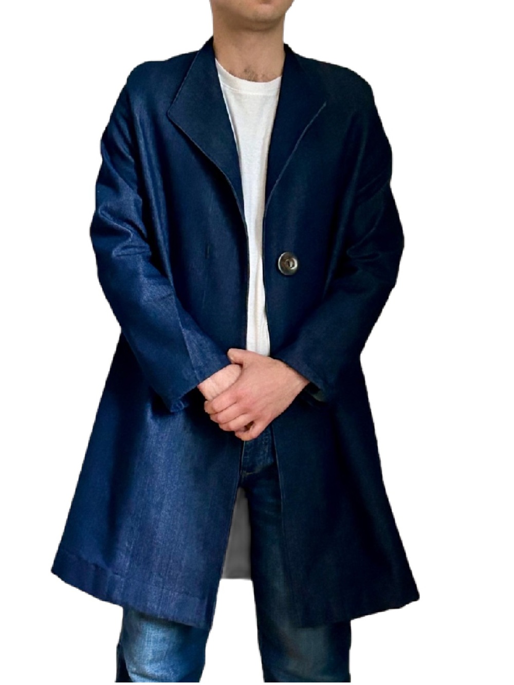 Unique Vintage Longline Denim Coat – Handmade – Unisex – Deep Indigo Blue